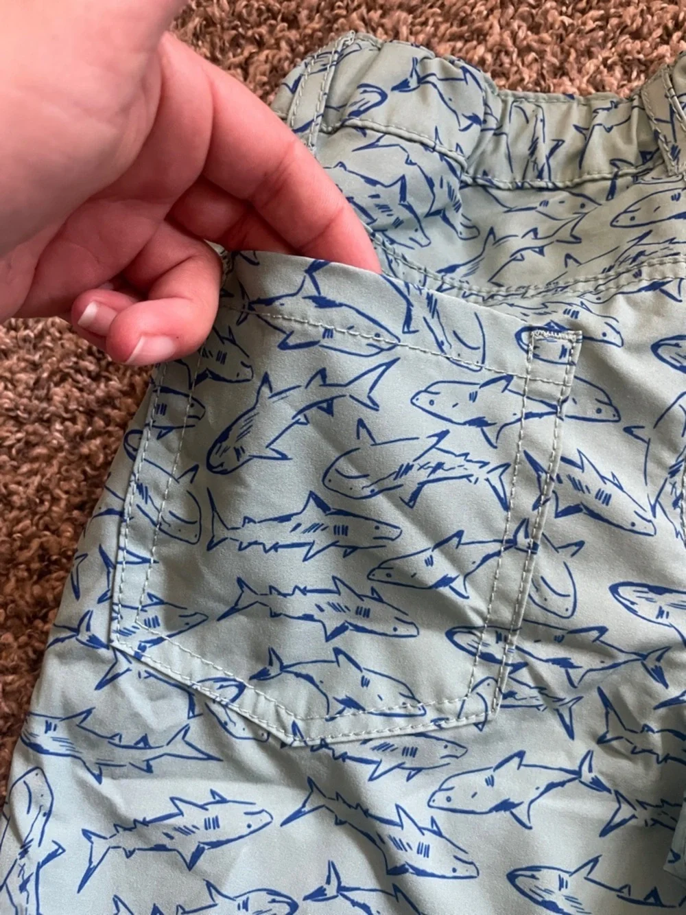 Cat & Jack Light Blue Swim Trunks with Navy Shark Pattern